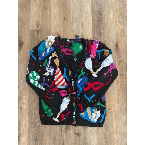 Eagle'S Eye Sweaters - Eagle's Eye Vintage 1994 New Year Party Cardigan Women S Black Hand Knit Novelty